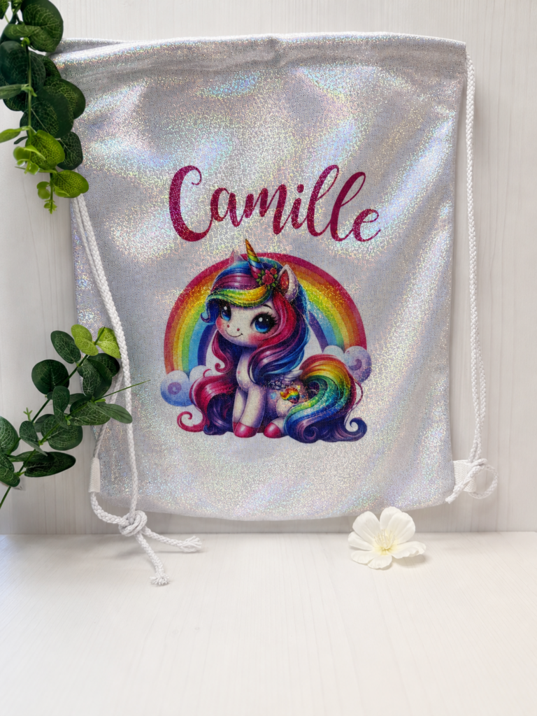 Création sur mesure Cyntia Créations — sac de gym pailleté personnalisé