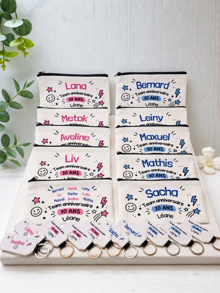 Création sur mesure Cyntia Créations — anniversaire — pochettes et porte-clés