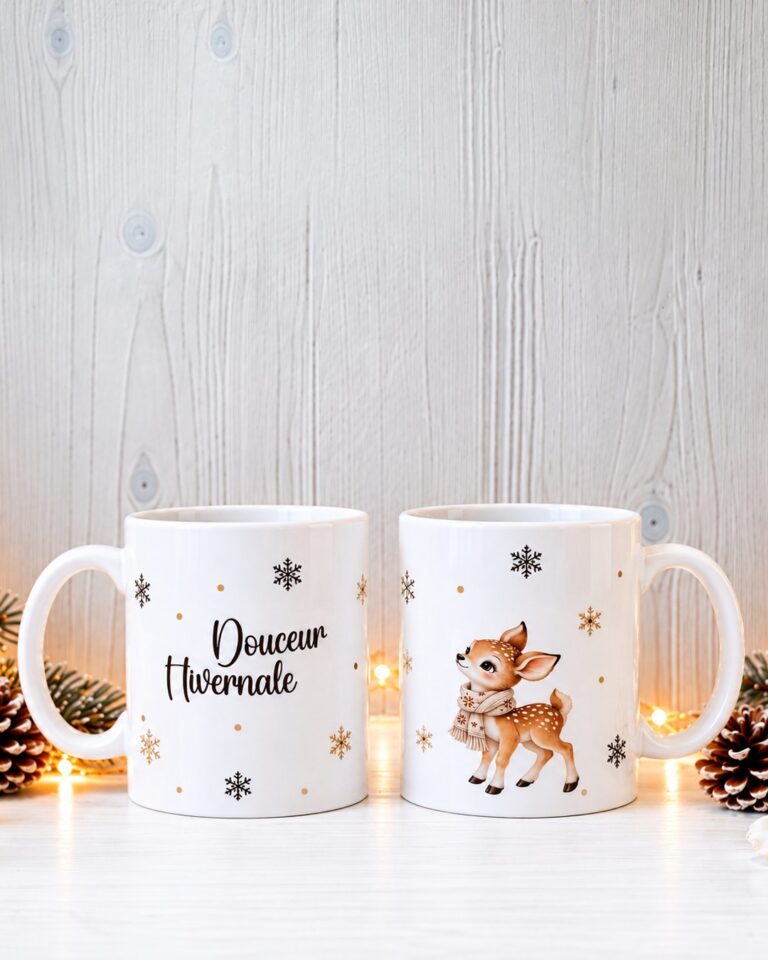 Tasses « Douceur Hivernale » illustrées d’un faon — Cyntia Créations